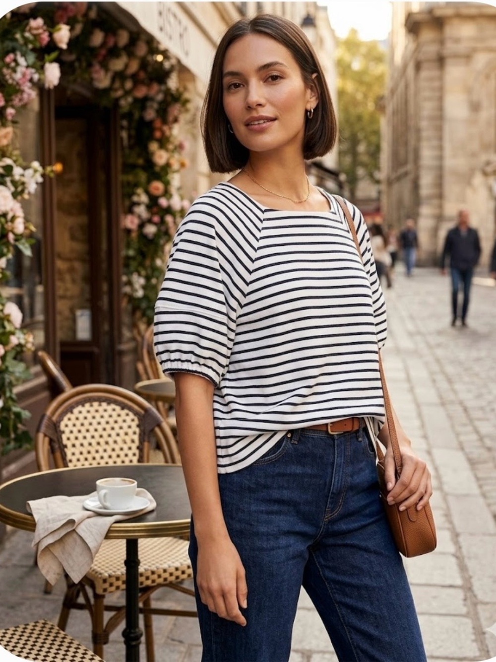 Striped Puff-Sleeve Boatneck Top in White and Black